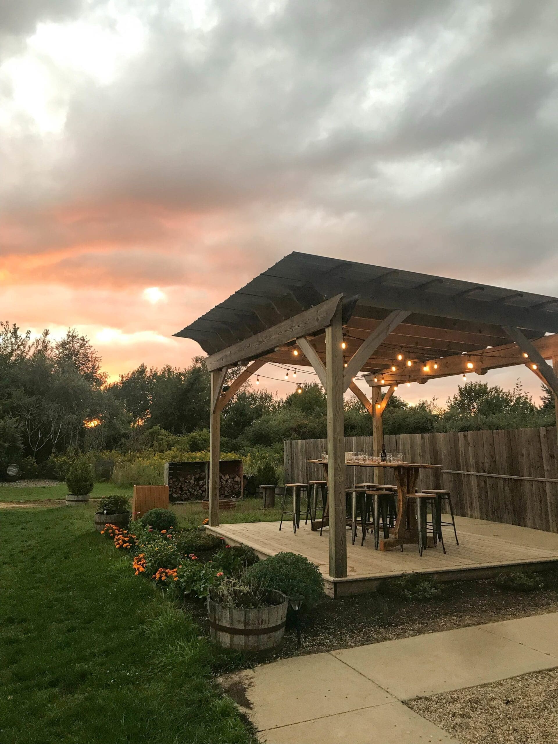 Virtue Cider's outdoor seating area for cider and wine tasting - in Fennville, MI (near Saugatuck and Douglas).